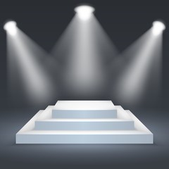 Square podium illuminated by spotlights. Empty ceremony pedestal. Vector illustration.