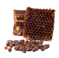 Bee bread granules and a piece of honey cells are isolated on a white background. Natural remedy...