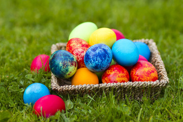 Happy Easter, colorful eggs in a basket