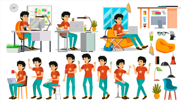 Young Coder Character Vector. Web Developer Programming. Coding, Software Development. Javascript. IT Startup Business Company. Environment Process. Poses, Emotions. Cartoon Business Illustration
