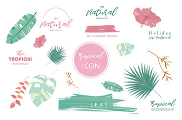 Tropical icon with palm, coconut tree,hibiscus,flamingo and flower