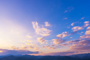 The rising sun, sky cloud sunrise abstract with mountain, background and fog