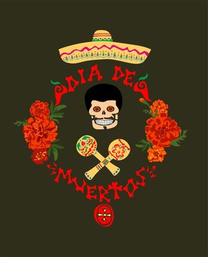 Poster on Day of the dead with dia de muertos hand drawing lettering, mariachi, marigold, sombrero and maracas