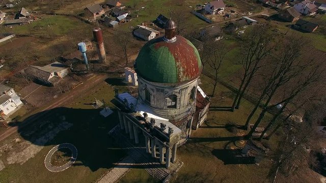 Wonderful Catholic church aerial view, Catholic church located in the village Pidgirci (Lviv region, Ukraine), aerial view of Old Catholic church