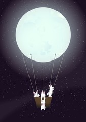 Adventure Of Four White Rabbits On The Space With Moon Balloon Art - Vector © yuttagarn17