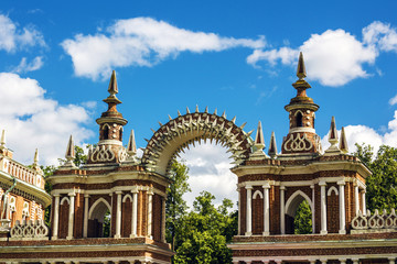 The architecture of Tsaritsyno Park in Moscow, Russia.