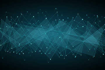 Abstract polygonal background. Blue glowing connected triangles on a dark background. Plexus web. Modern geometric design. Vector illustration