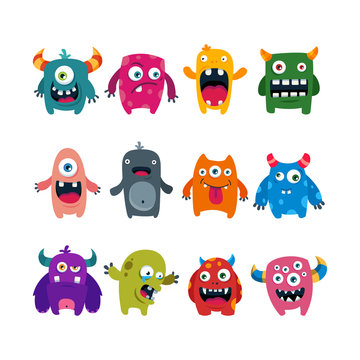set of cartoon cute monsters. flat vector illustration