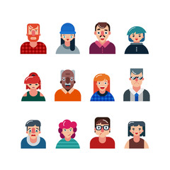 set of people flat avatars. male and female faces. funny men and women characters. vector illustration