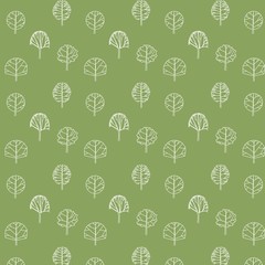 Seamless patterns white trees elements outline symbol on green background. Vector illustration.