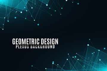 Abstract geometric background. Blue glowing connected triangles on a dark background. Plexus web. Template for your project. Big data. Modern polygonal design. Vector illustration