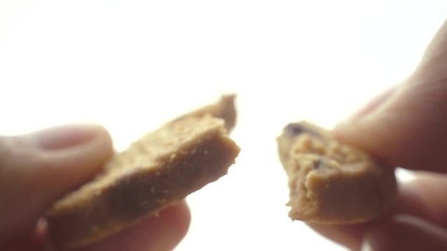 Hands breaking chocolate chip cookie in slow motion