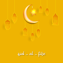 Eid-Al-Fitr greeting card with islamic crescent moon 3D and mosque paper.