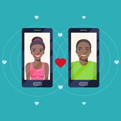 Afro american young man and woman in love on the screen of your smart phone. Video communication. Vector flat style illustration.