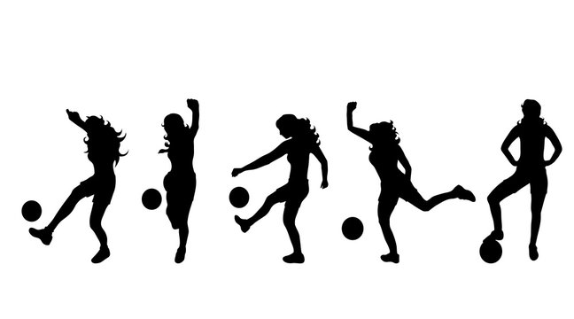 Vector silhouette of woman who play football on white background.