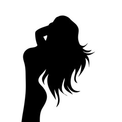 Vector silhouette of woman with long hair on white background.