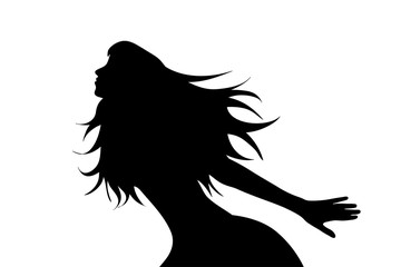 Vector silhouette of woman with long hair on white background.