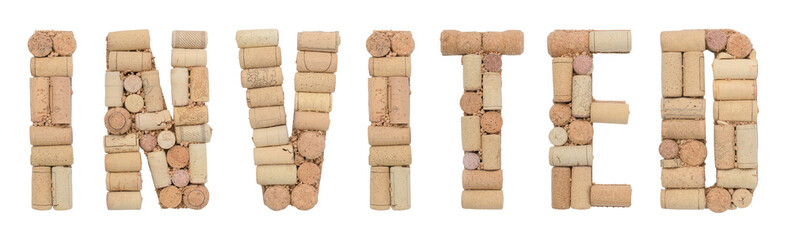 Word Invited made of wine corks Isolated on white background