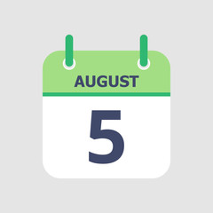 Flat icon calendar 5th of August isolated on gray background. Vector illustration.