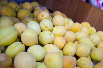 ripe juicy apricots on the counter of the store