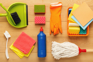 Various cleaning supplies, housekeeping background