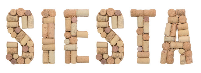 Afternoon rest in spanish word Siesta made of wine corks Isolated on white background