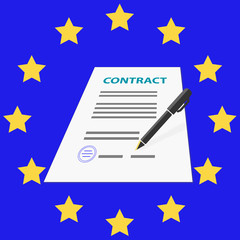 Europe, EU contract, with a pen on blue backround with yellow stars. European flag