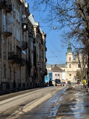 Lviv, Ukraine - March 25 2018: Cityscape background of old part of Lviv city in Ukraine