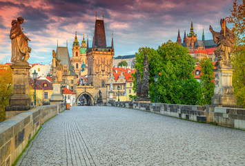 Spectacular medieval stone Charles bridge with statues, Prague, Czech Republic