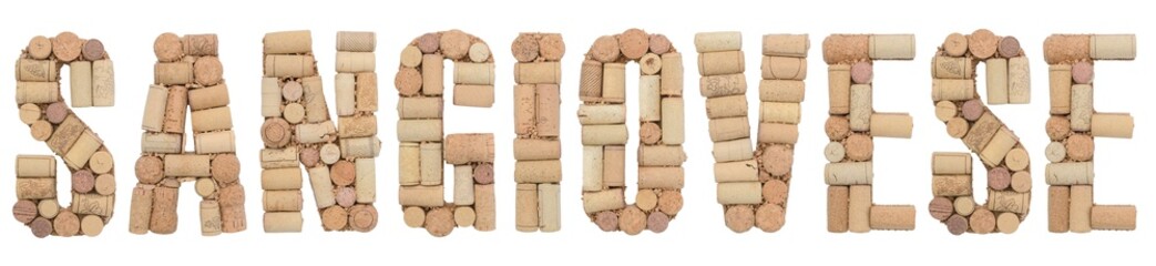 Grape variety Sangiovese made of wine corks Isolated on white background