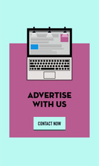 Advertise your business. Vector Illustration of Laptop with billboard spot lights on top. 