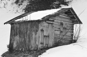 Wooden shack in winter