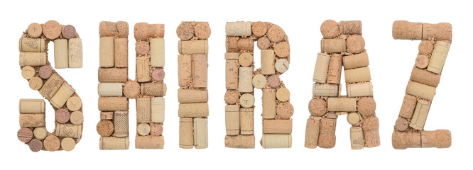 Grape variety Shiraz made of wine corks Isolated on white background