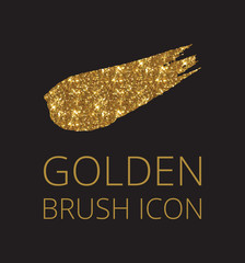 Gold glitter font brush on black background, golden vector cmyk illustration, glossy printing template.