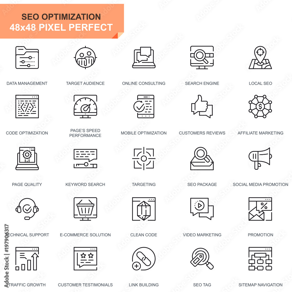 Poster simple set seo and web optimization line icons for website and mobile apps. contains such icons as t