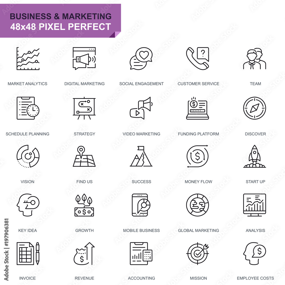 Poster Simple Set Business and Marketing Line Icons for Website and Mobile Apps. Contains such Icons as Vision, Mission, Planning, Market. 48x48 Pixel Perfect. Editable Stroke. Vector illustration.