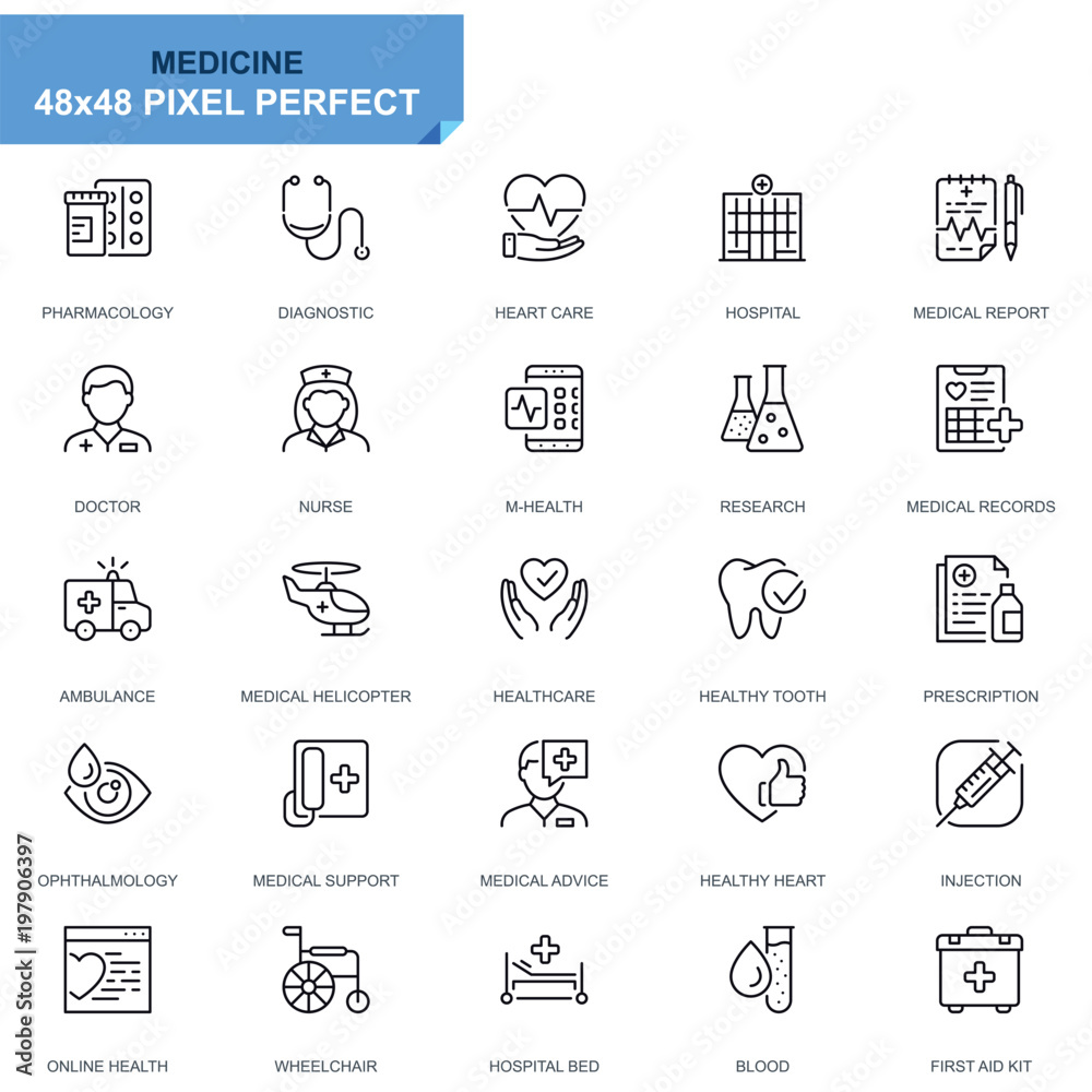 Poster simple set healthcare and medical line icons for website and mobile apps. contains such icons as amb