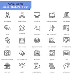 Simple Set Social Media and Network Line Icons for Website and Mobile Apps. Contains such Icons as Avatar, Emoji, Chating, Likes. 48x48 Pixel Perfect. Editable Stroke. Vector illustration.