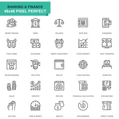 Simple Set Banking and Finance Line Icons for Website and Mobile Apps. Contains such Icons as Balance, E-Banking, Auction, Financial Growth. 48x48 Pixel Perfect. Editable Stroke. Vector illustration.