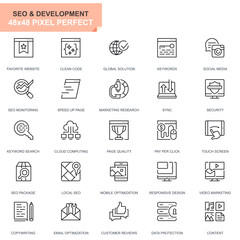 Simple Set Seo and Development Line Icons for Website and Mobile Apps. Contains such Icons as Clean Code, Data Protection, Monitoring. 48x48 Pixel Perfect. Editable Stroke. Vector illustration.