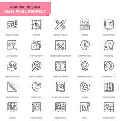 Simple Set Web and Graphic Design Line Icons for Website and Mobile Apps. Contains such Icons as Studio, Tools, App Development, Retouching. 48x48 Pixel Perfect. Editable Stroke. Vector illustration.