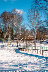 snow-covered forest and a frozen lake in winter in the countryside
