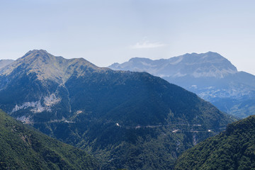 Panoramic view of mountain in National Park of Tzoumerka, Greece Epirus region. Mountain in the clouds