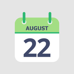 Flat icon calendar 22nd of August isolated on gray background. Vector illustration.