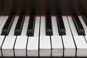 Old, wooden piano keys. Vintage background.