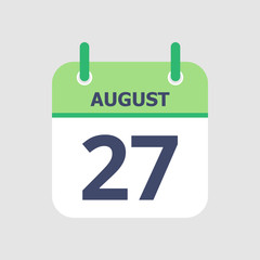 Flat icon calendar 27th of August isolated on gray background. Vector illustration.