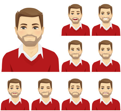 Man With Different Facial Expressions Set Vector Illustration