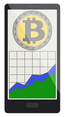 bitcoin coin with growth graph on a phone screen