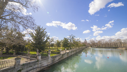 The Tajo River next to the Palace of Aranjuez. waterfalls with ducks and geese