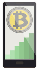 bitcoin coin with growth graph on a phone screen